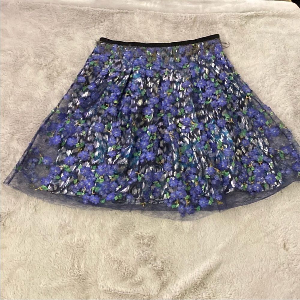 Elie Tahari Blue and Green Floral appliqué Skirt, US8